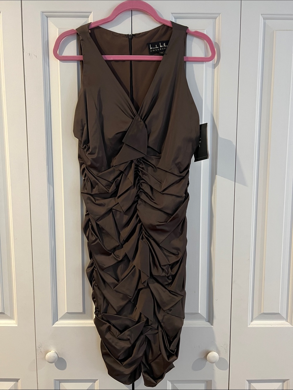 bebe Chocolate Brown Ruched Midi Cocktail Dress